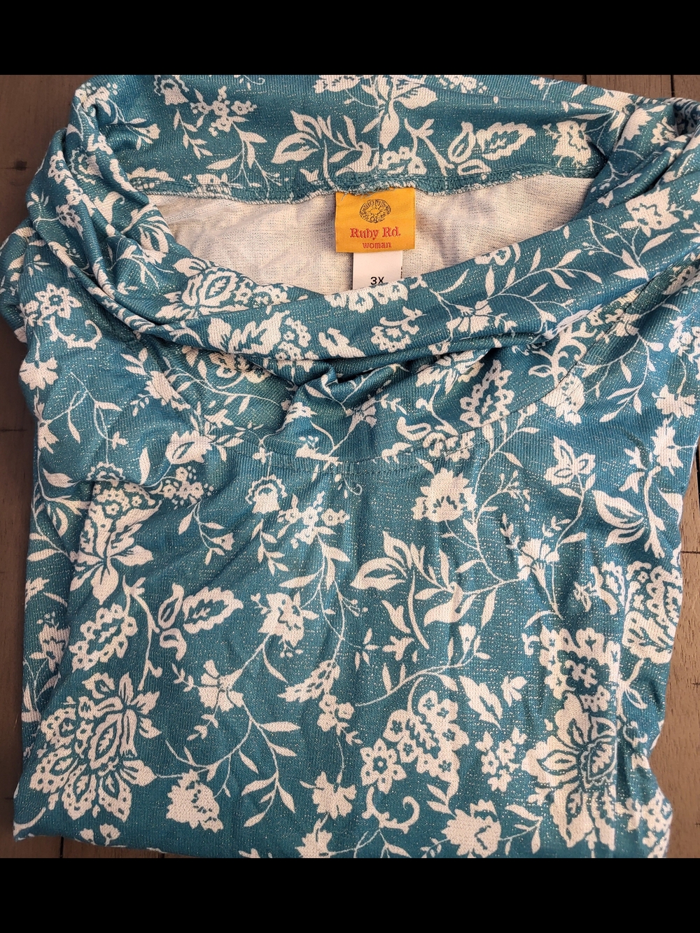 Ruby Rd. Teal and White Floral Cowl Neck Top